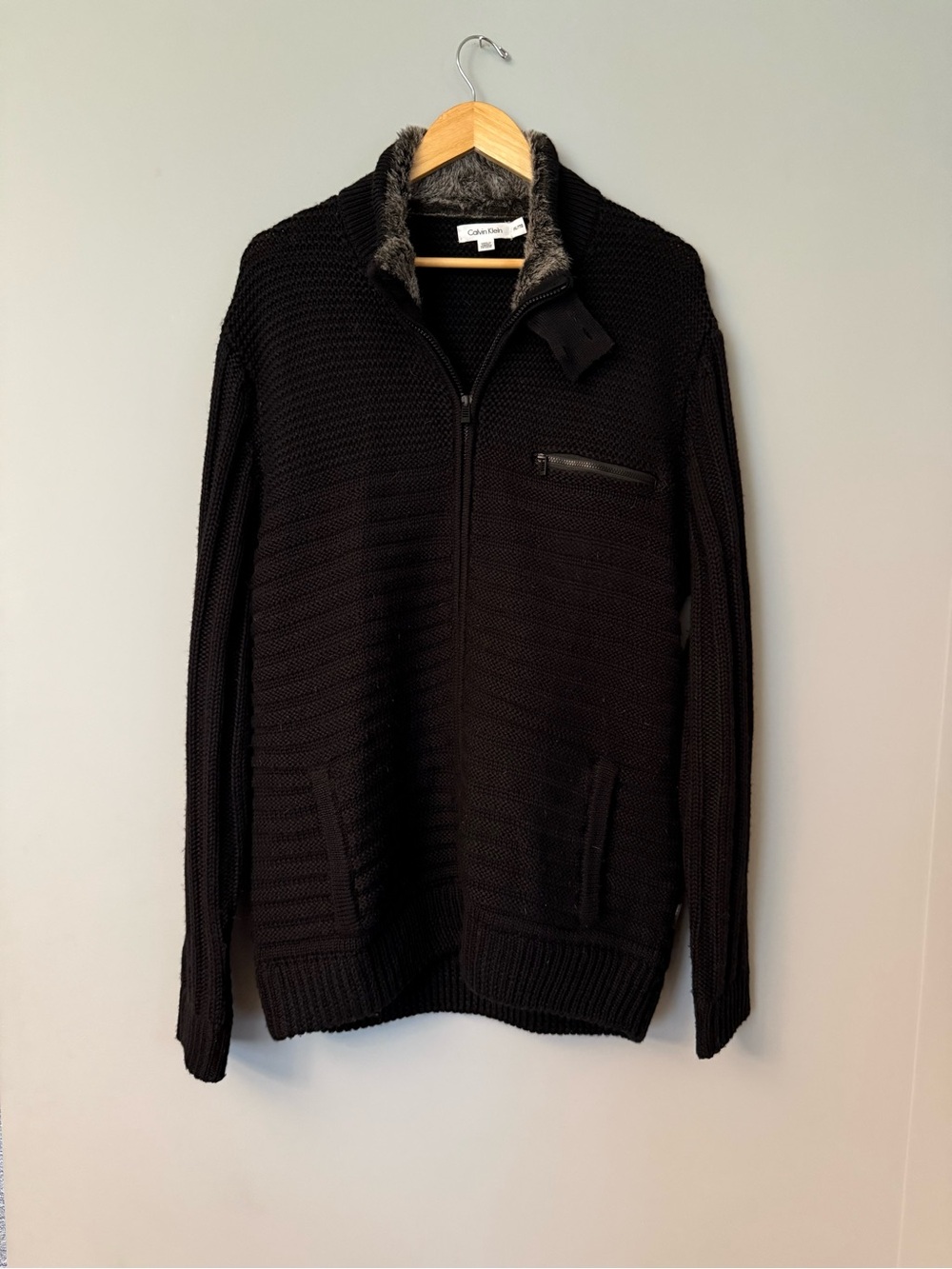 Calvin Klein Black Knit Zip-Up Sweater with Faux Fur Collar